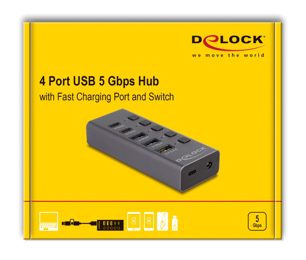 DELOCK USB hub 64248 με διακόπτες, 5x θυρών, 5Gbps, USB/USB-C σύνδεση, γκρι 64248