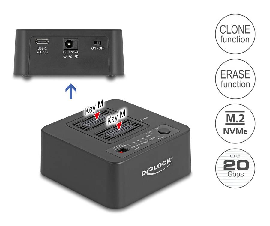 DELOCK docking station για M.2 NVMe SSD 64300, 2 θέσεων, 20Gbps, clone/erase function, μαύρο 64300