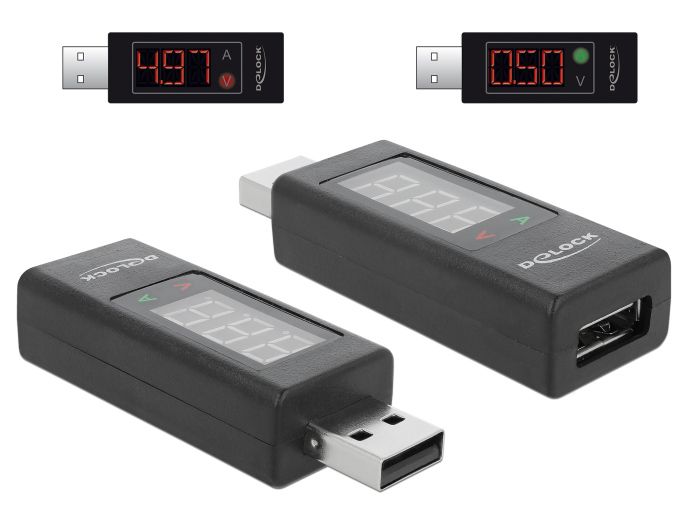 DELOCK αντάπτορας USB 65569 με οθόνη ένδειξης V/A, έως 5V/4A, μαύρος 65569