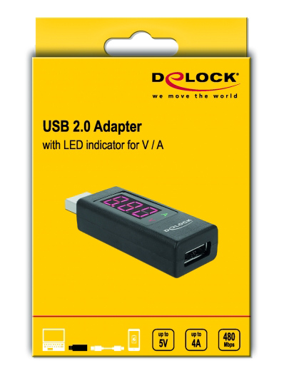DELOCK αντάπτορας USB 65569 με οθόνη ένδειξης V/A, έως 5V/4A, μαύρος 65569