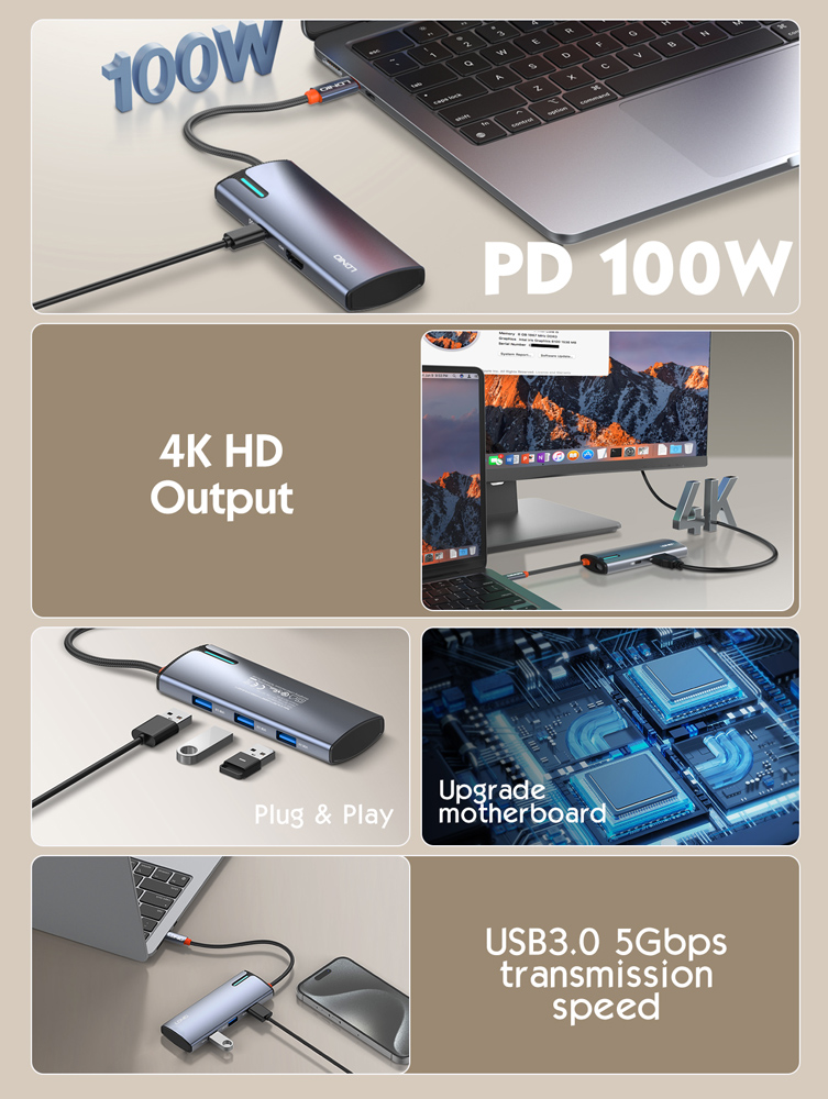 LDNIO docking station DS-15H, 5 θυρών, USB-C σύνδεση, 4K, 100W PD, γκρι 6933138601655