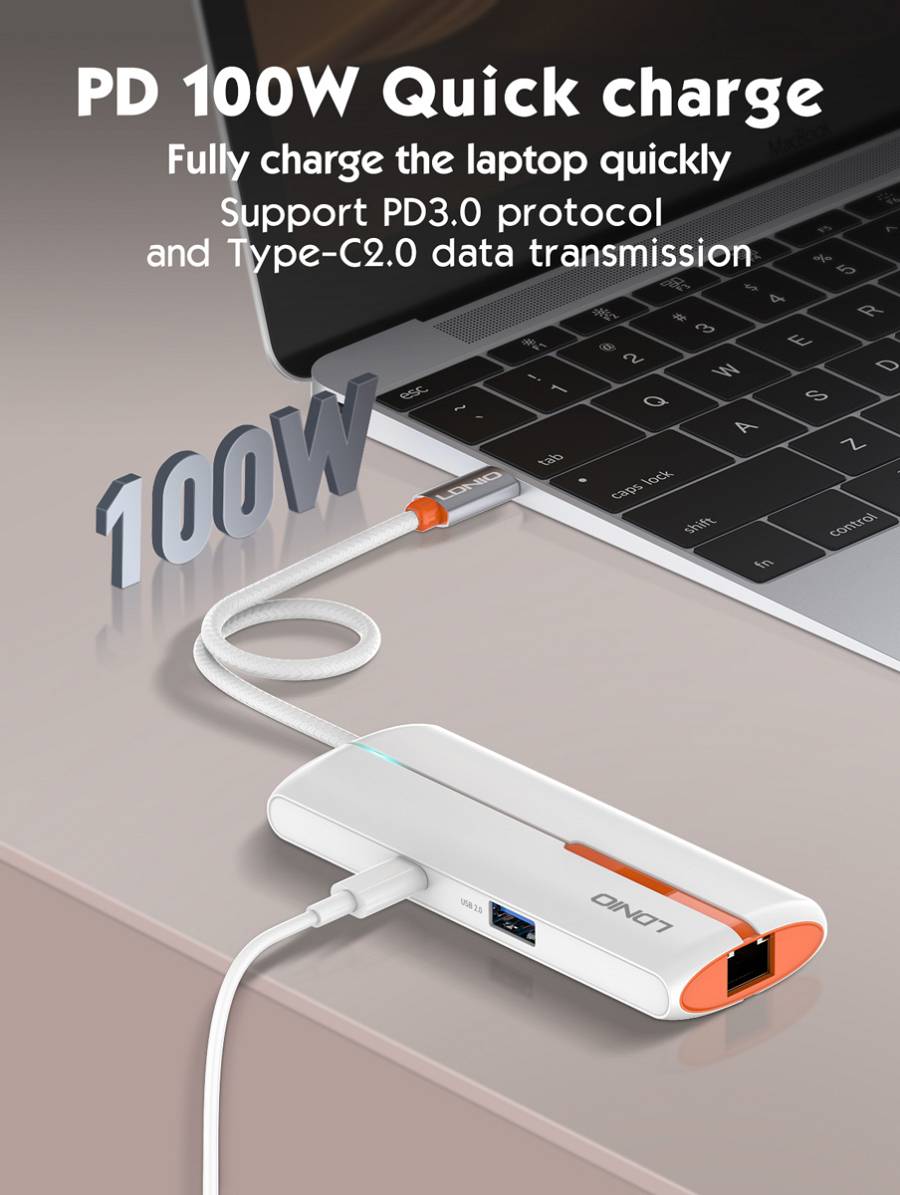 LDNIO USB hub DS-26U με θύρα δικτύου, 6 θυρών, USB-C σύνδεση, 100W PD, λευκό 6933138601754