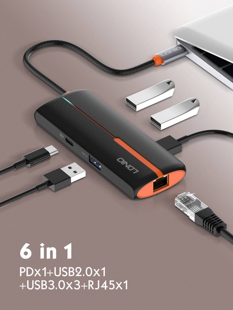 LDNIO USB hub DS-26U με θύρα δικτύου, 6 θυρών, USB-C σύνδεση, 100W PD, λευκό 6933138601754