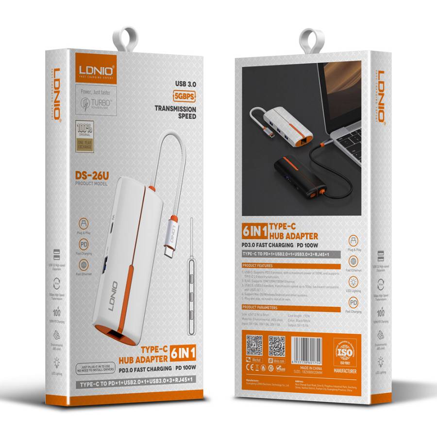 LDNIO USB hub DS-26U με θύρα δικτύου, 6 θυρών, USB-C σύνδεση, 100W PD, λευκό 6933138601754