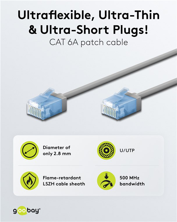 GOOBAY καλώδιο δικτύου 74225, CAT 6A U/UTP, ultra slim, copper, 500MHz, 5m, γκρι 74225