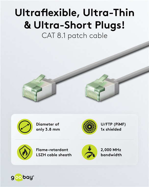 GOOBAY καλώδιο δικτύου 74346, CAT 8.1 U/FTP, ultra slim, copper, 40Gbps, 1m, γκρι 74346