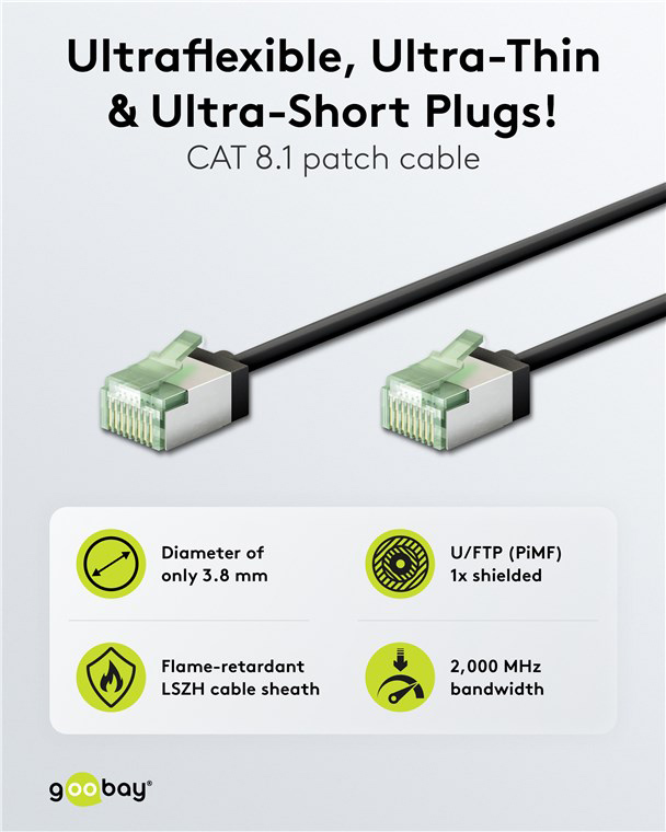 GOOBAY καλώδιο δικτύου 74352, CAT 8.1 U/FTP, ultra slim, copper, 40Gbps, 0.50m, μαύρο 74352