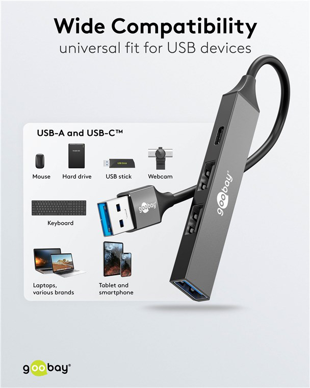 GOOBAY USB hub 74458, 4x θυρών, USB 3.2, 5Gbps, USB σύνδεση, γκρι 74458