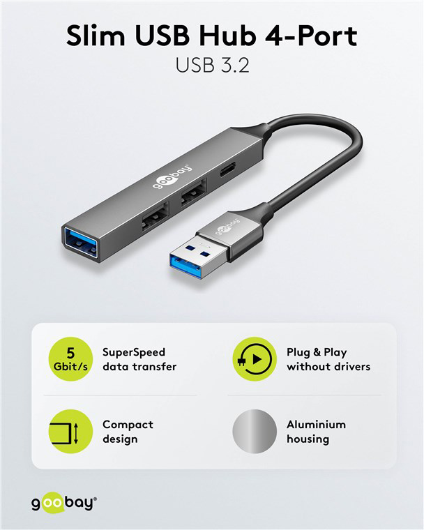 GOOBAY USB hub 74458, 4x θυρών, USB 3.2, 5Gbps, USB σύνδεση, γκρι 74458