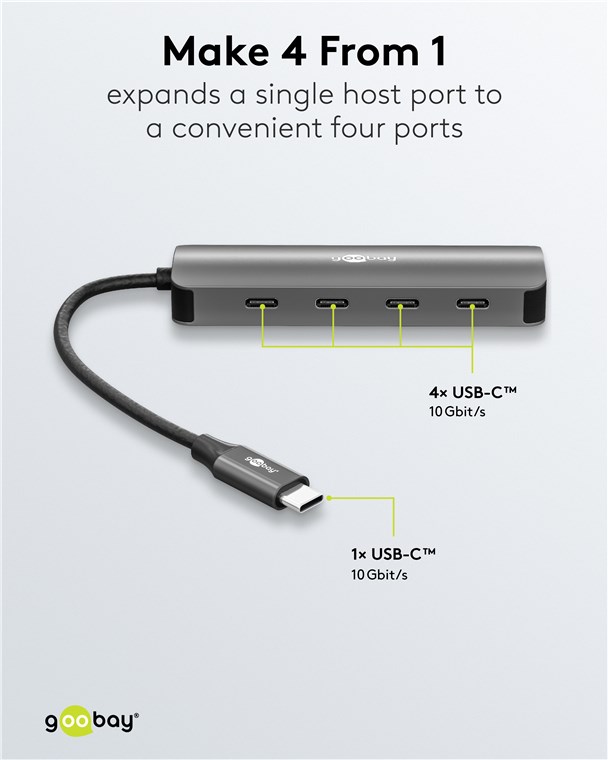 GOOBAY USB hub 76565, 4x θυρών, USB 3.2, 10Gbps, USB-C σύνδεση, γκρι 76565
