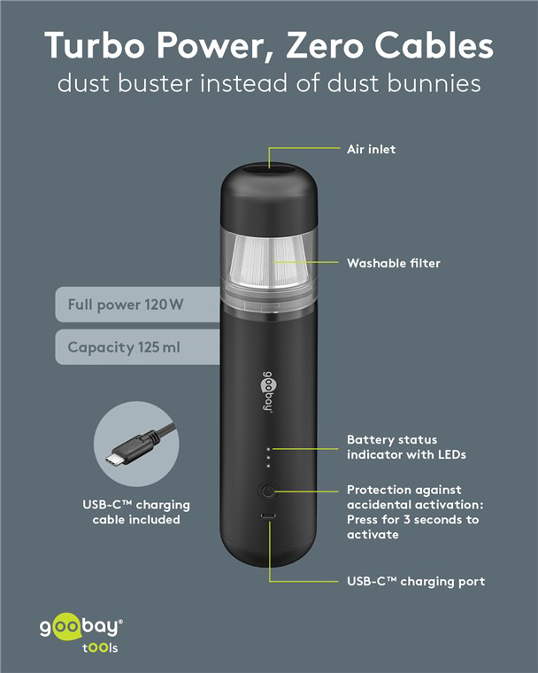 GOOBAY 2 σε 1 σκουπάκι χειρός & air duster 77829, 120W, 6000mAh, μαύρο 77829