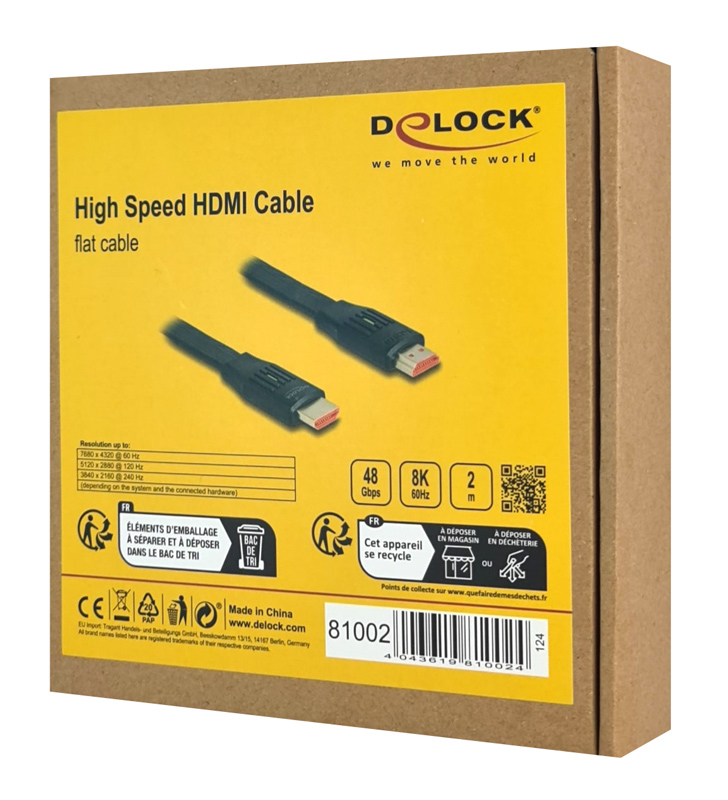 DELOCK καλώδιο HDMI 81002, flat, 8K/60Hz, 48 Gbps, eARC, HDR, 2m, μαύρο 81002
