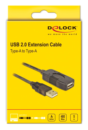 DELOCK καλώδιο USB 2.0 αρσενικό σε θηλυκό 82308, active, 5m, μαύρο 82308