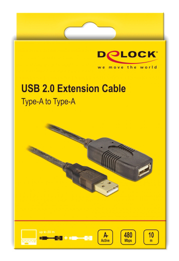 DELOCK καλώδιο USB 2.0 αρσενικό σε θηλυκό 82446, active, 10m, μαύρο 82446