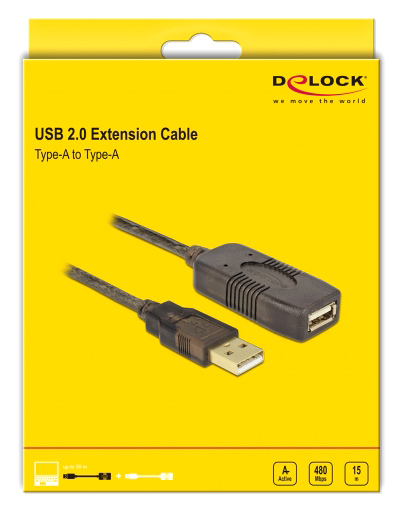 DELOCK καλώδιο USB 2.0 αρσενικό σε θηλυκό 82689, active, 15m, μαύρο 82689