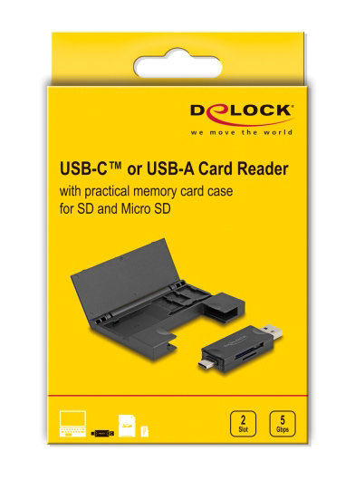 DELOCK card reader 91014 για SD & micro SD, με θήκη, USB/USB-C, 5Gbps, μαύρο 91014