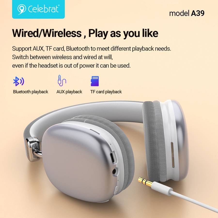 CELEBRAT headphones A39, ασύρματα & ενσύρματα, micro SD, 40mm, 400mAh, ασημί A39-SL