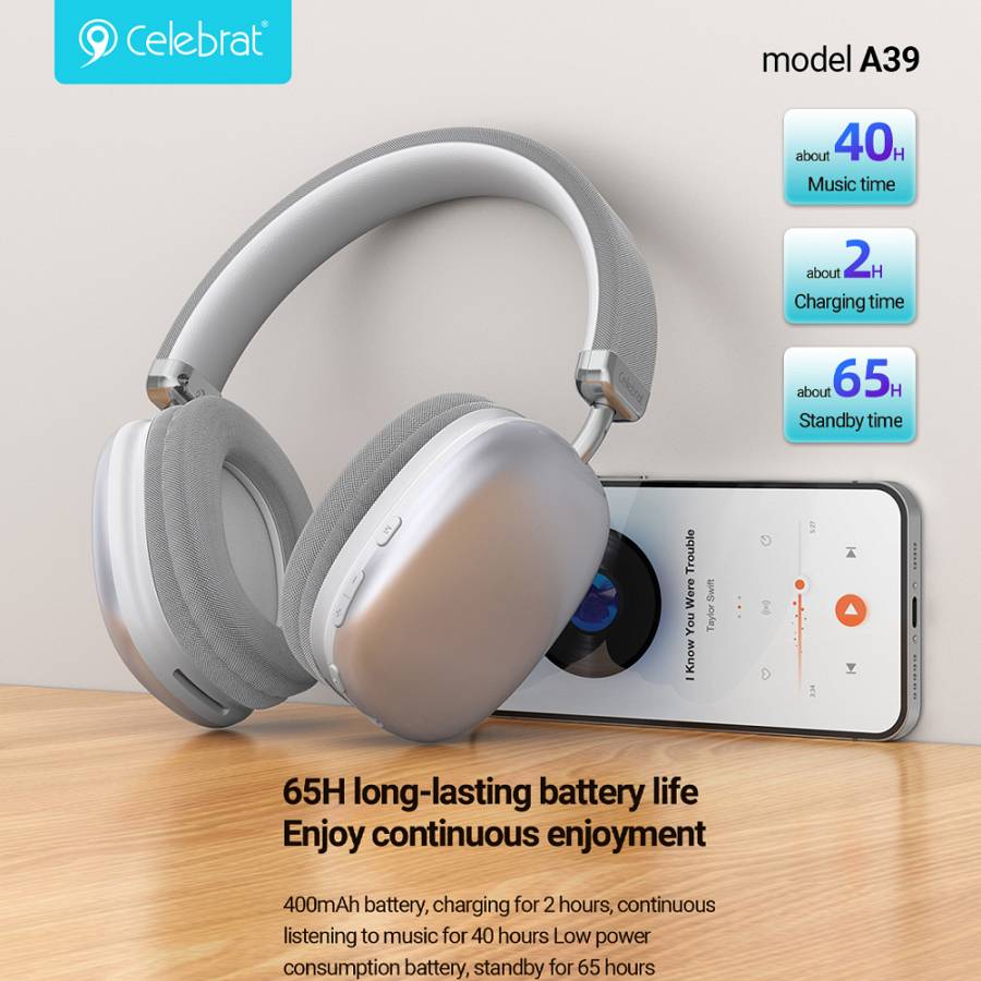 CELEBRAT headphones A39, ασύρματα & ενσύρματα, micro SD, 40mm, 400mAh, ασημί A39-SL