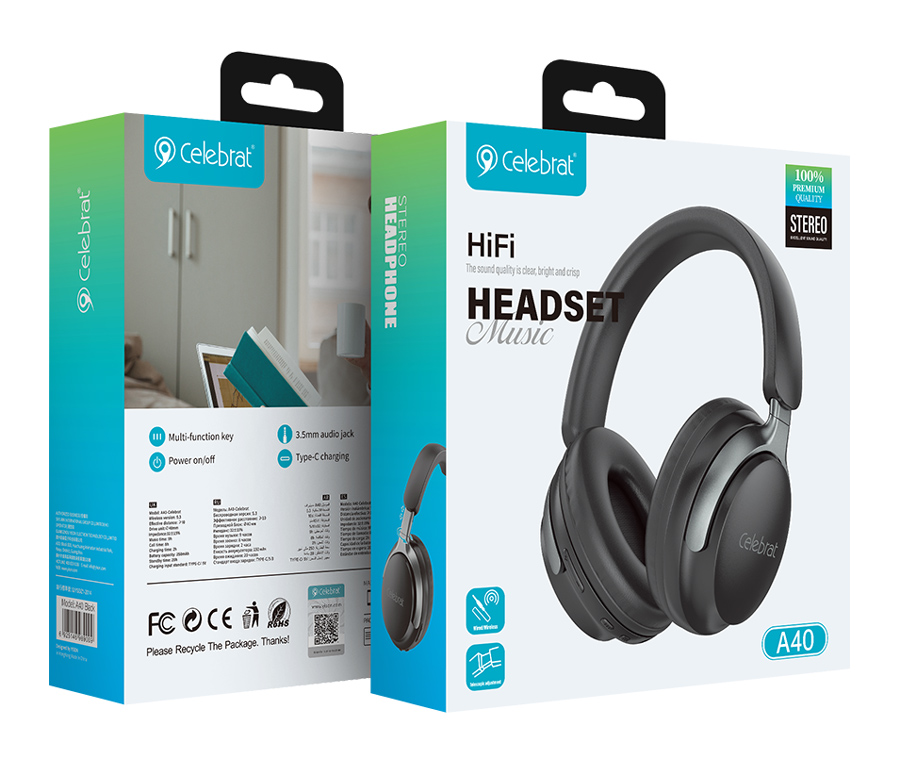 CELEBRAT headphones A40, ασύρματα & ενσύρματα, 40mm, 250mAh, μαύρα A40-BK