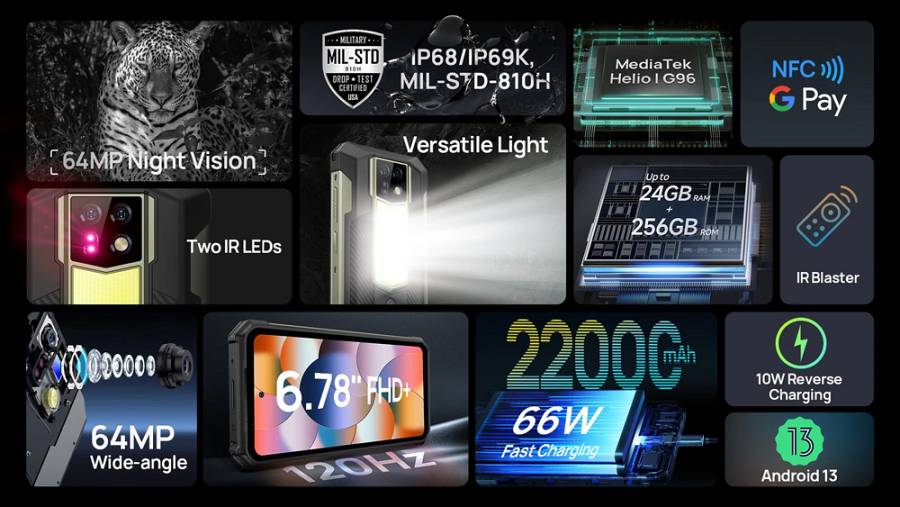ULEFONE smartphone Armor 24, 6.78, 12/256GB, 22000mAh, IP68/IP69K, μαύρο ARMOR24-BK