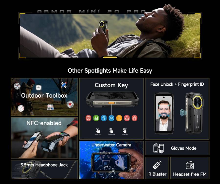 ULEFONE smartphone Armor Mini 20 Pro, 4.7, 8/256GB, 5G, 6200mAh, IP68/IP69K, μαύρο ARMORMINI20PRO-BK