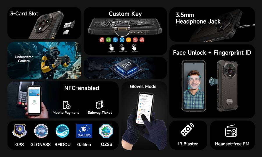 ULEFONE smartphone Armor X16, 6.56, 6/128GB, 10360mAh, IP68/IP69K/MIL-STD-810H, μαύρο ARMORX16-BK