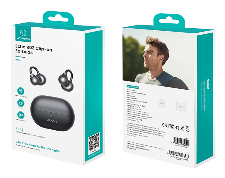 USAMS earphones με θήκη φόρτισης Echo R02, OWS, Φ11mm, 50/300mAh, μαύρα BHR0201