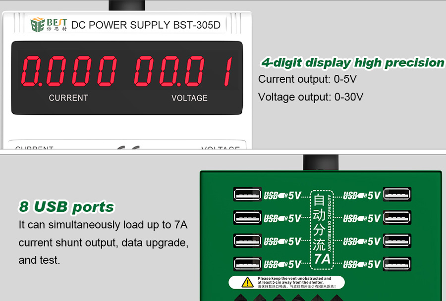 BEST Power supply BST-305D, 30V/5A, AC/DC, 8x USB BST-305D