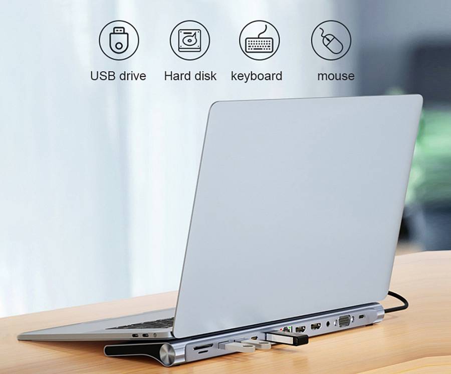 POWERTECH docking station BYL-2003U2, 12 θυρών, βάση laptop, USB-C, γκρι BYL-2003U2