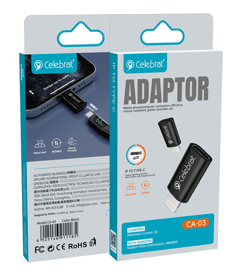 CELEBRAT αντάπτορας Lightning σε USB-C CA-03, 2A, 480Mbps, μαύρος CA-03