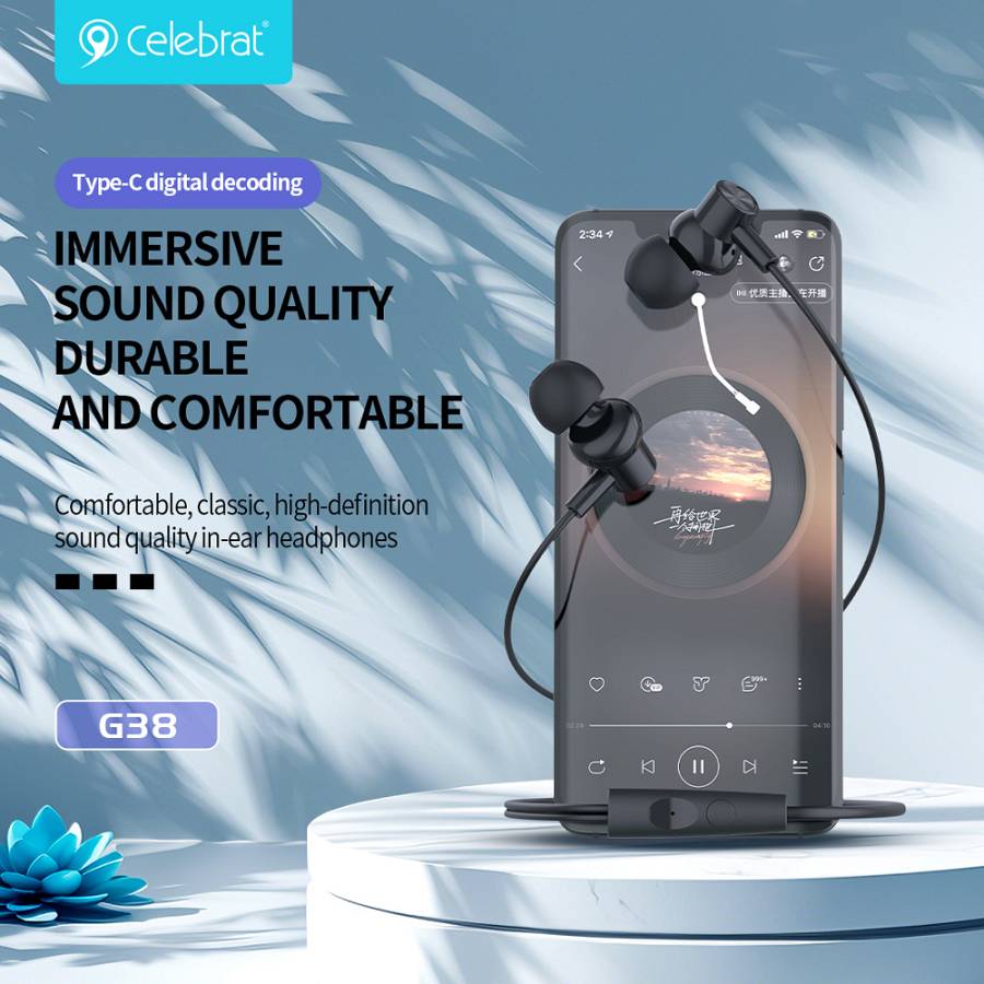 CELEBRAT earphones με μικρόφωνο G38, USB-C σύνδεση, 10mm, 1.2m, μαύρα CB-G38-BK