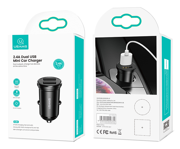 USAMS φορτιστής αυτοκινήτου C20, 2x USB, 2.4A, μαύρος CC114TC01