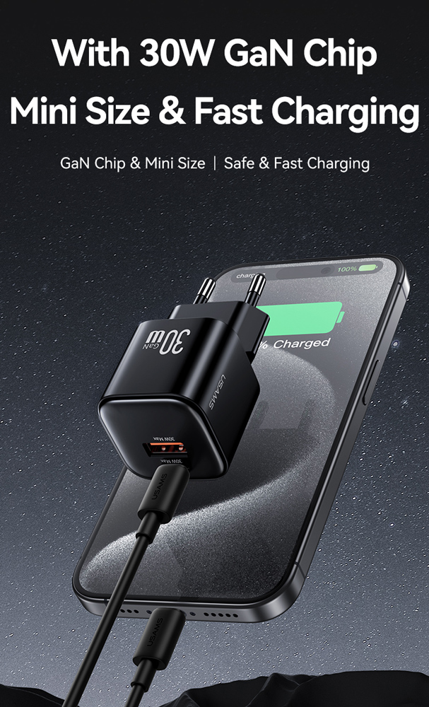 USAMS φορτιστής τοίχου CC263, USB & USB-C, 30W, GaN, μαύρος CC263TC01
