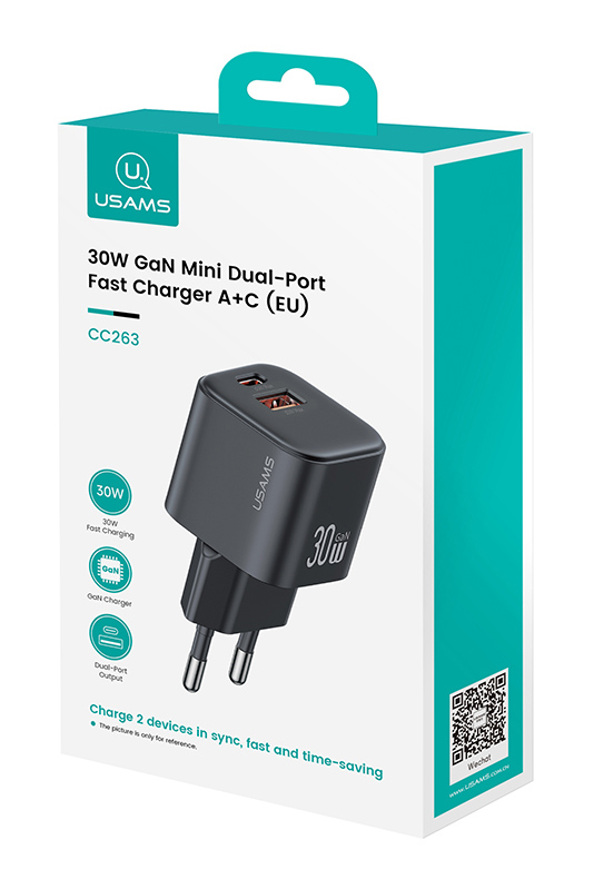 USAMS φορτιστής τοίχου CC263, USB & USB-C, 30W, GaN, μαύρος CC263TC01