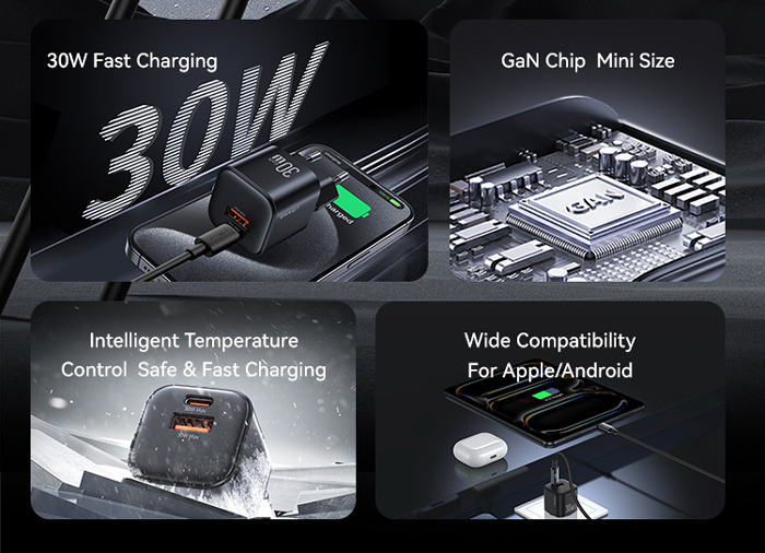 USAMS φορτιστής τοίχου CC263, USB & USB-C, 30W, GaN, λευκός CC263TC02