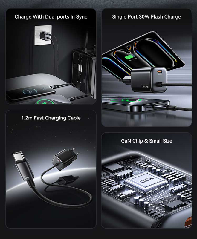 USAMS φορτιστής τοίχου CC264 με καλώδιο, USB-C, 30W, GaN, μαύρος CC264TC01