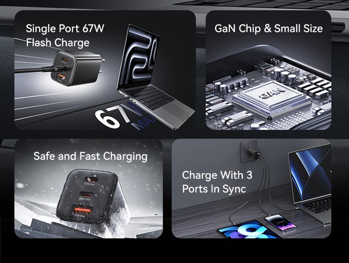 USAMS φορτιστής τοίχου CC265, USB & 2x USB-C, 67W, GaN, λευκός CC265TC02