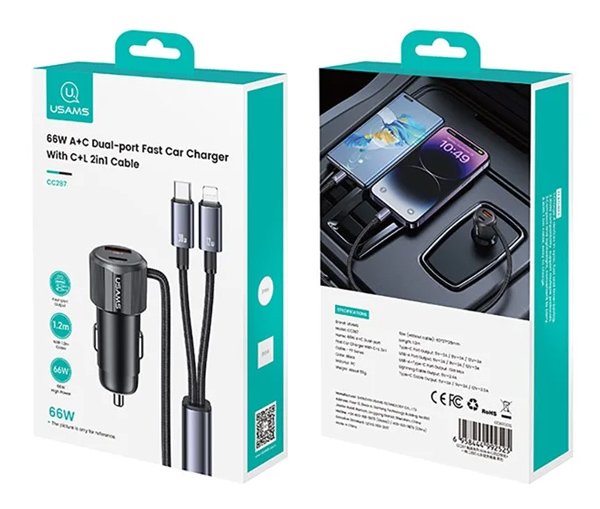USAMS φορτιστής αυτοκινήτου CC287 με 2 σε 1 καλώδιο, USB/USB-C θύρες, 66W, μαύρος CC287CC01