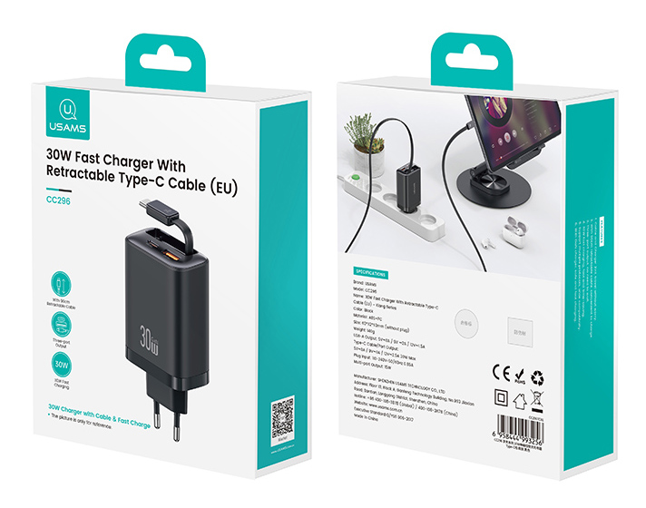 USAMS φορτιστής τοίχου CC296 με καλώδιο, USB & USB-C, 30W, μαύρος CC296TC01