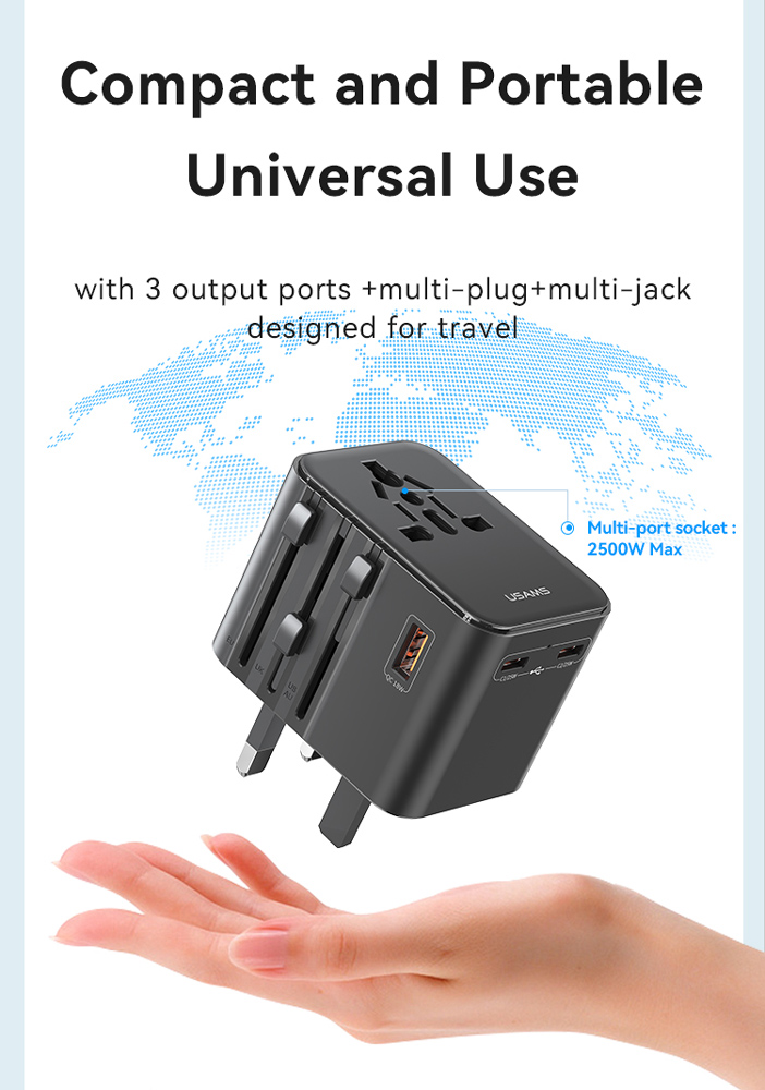 USAMS φορτιστής/αντάπτορας πρίζας CC309, USB & 2x USB-C, universal, 25W, μαύρος CC309TC01