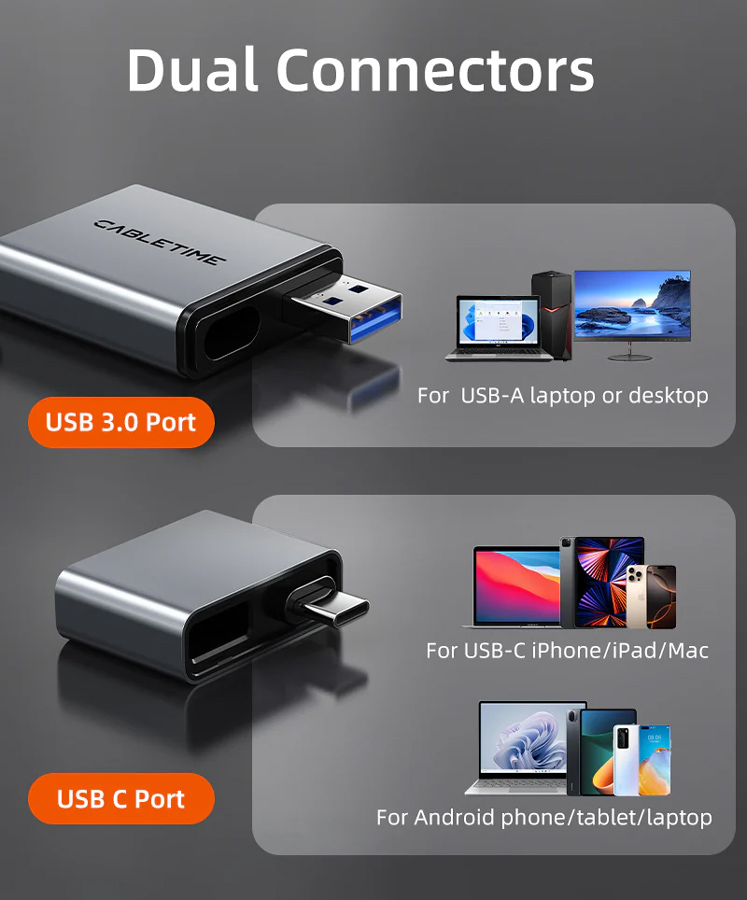 CABLETIME card reader CT-ACCD3-AG για SD & micro SD, USB 3.0, 5Gbps, γκρι CT-ACCD3-AG