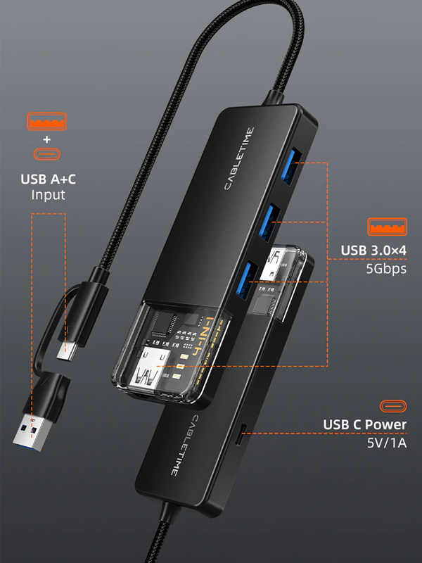 CABLETIME USB hub CT-HUBT3-PB, 4x θυρών, 5Gbps, USB/USB-C σύνδεση, μαύρο CT-HUBT3-PB