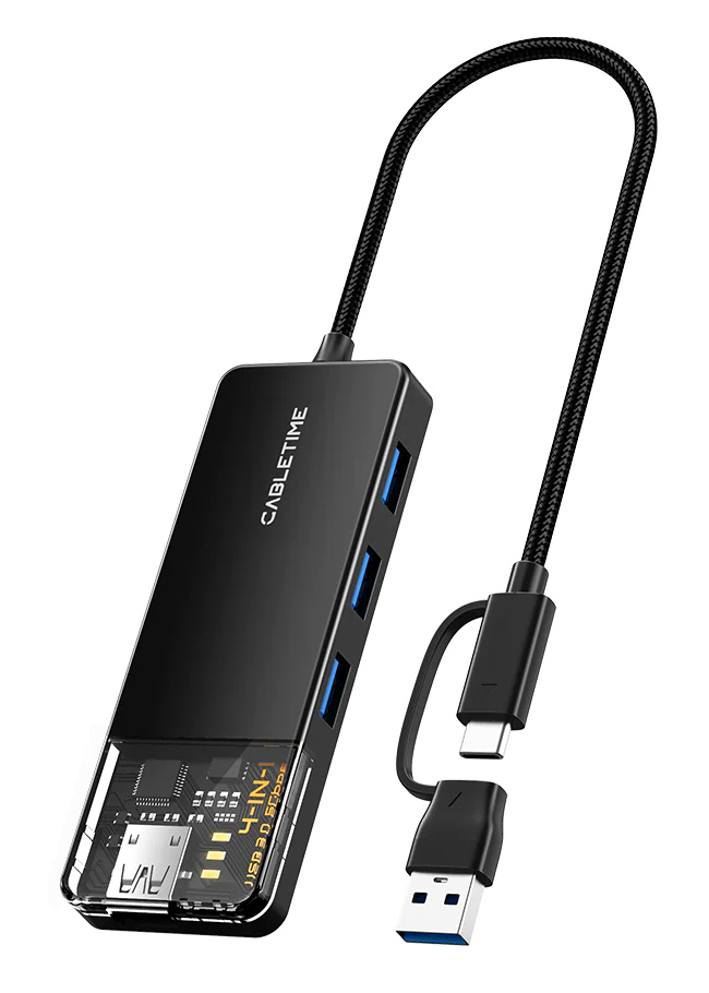 CABLETIME USB hub CT-HUBT3-PB, 4x θυρών, 5Gbps, USB/USB-C σύνδεση, μαύρο CT-HUBT3-PB