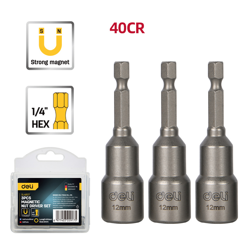 DELI σετ καρυδάκια DL4812T για δραπανοκατσάβιδο, μαγνητικά, 12mm, εξάγωνα, 3τμχ DL4812T