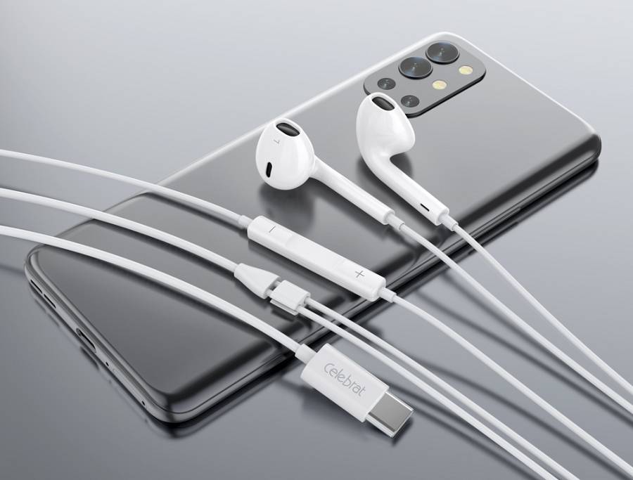 CELEBRAT earphones με μικρόφωνο E500, USB-C σύνδεση, Φ14mm, 1.2m, λευκά E500-WH