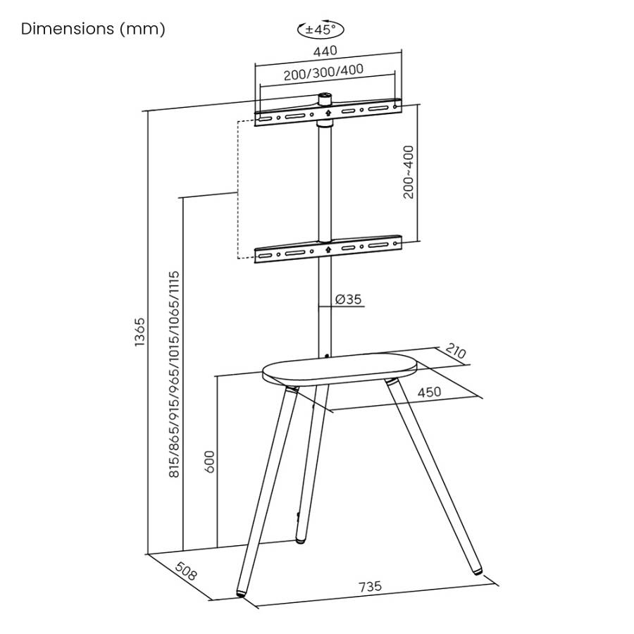 BRATECK βάση τηλεόρασης δαπέδου FS28-44F-04, 43-65, έως 35kg, με ράφι FS28-44F-04