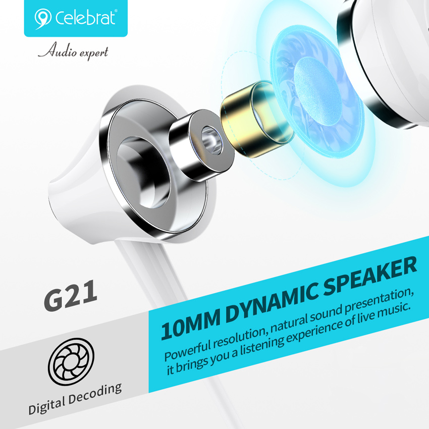 CELEBRAT earphones με μικρόφωνο G21, 3.5mm σύνδεση, Φ12mm, 1.2m, λευκά G21-WH