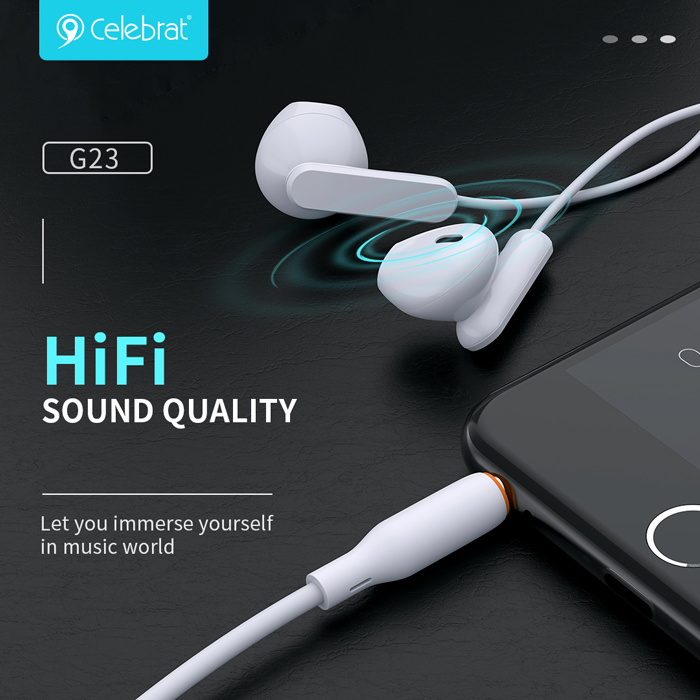 CELEBRAT earphones με μικρόφωνο G23, 3.5mm σύνδεση, Φ14mm, 1.2m, λευκά G23-WH