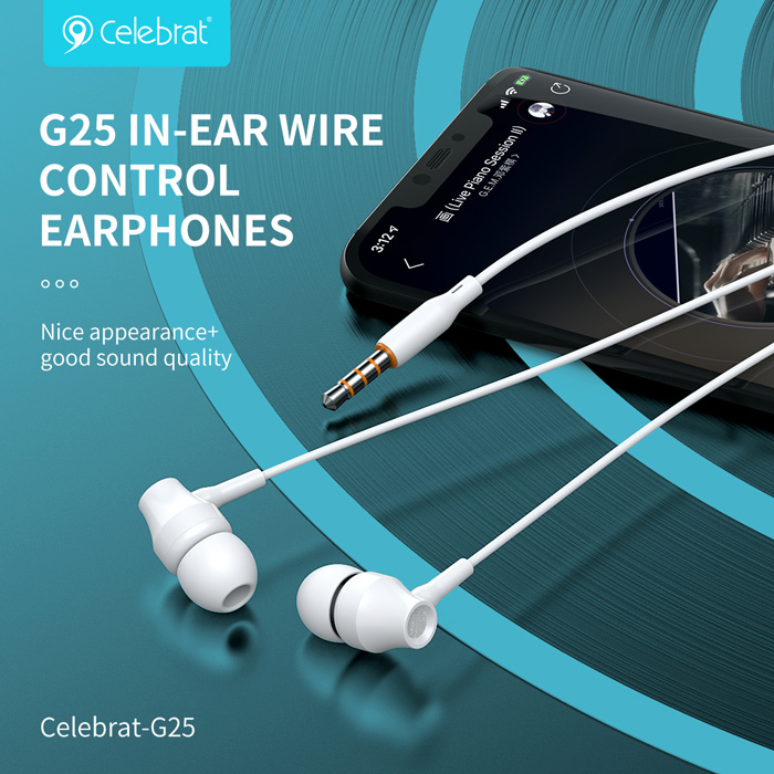 CELEBRAT earphones με μικρόφωνο G25, 3.5mm σύνδεση, Φ10mm, 1.2m, λευκά G25-WH