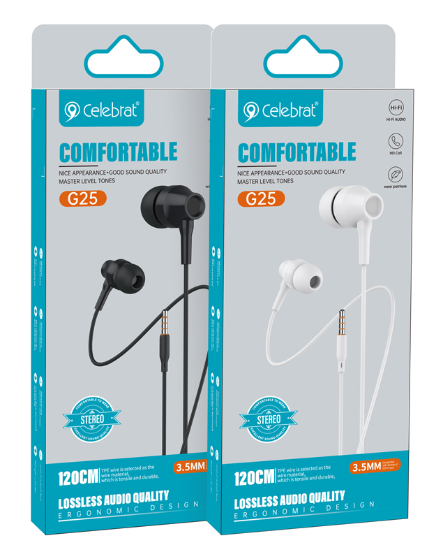 CELEBRAT earphones με μικρόφωνο G25, 3.5mm σύνδεση, Φ10mm, 1.2m, λευκά G25-WH